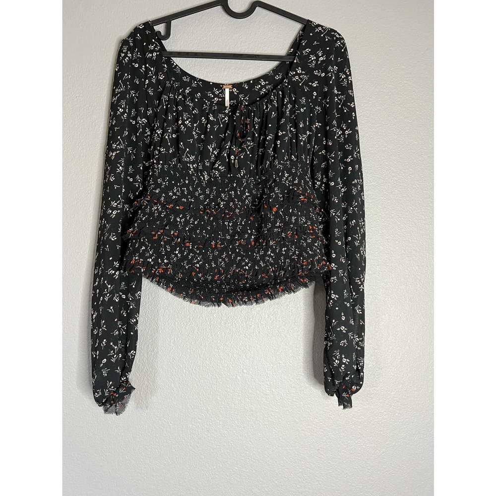 Free People Smocked Floral Ditsy Keyhole Peasant Top Womens small Black White